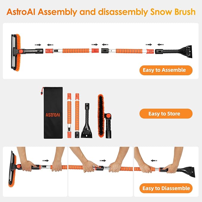 AstroAI 62.4" Ice Scrapers for Car Windshield, 3 in 1 Sturdy Snow Brush with Squeegee, 10 Adjustable Length Settings, Extendable Aluminum Handle, 180° Pivoting Snow Brush for Car, Truck, SUV(Orange)
