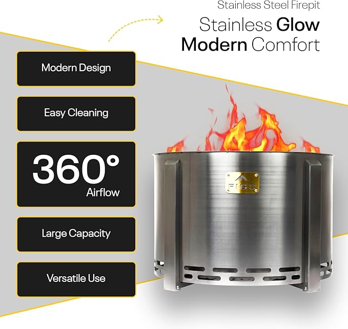 Smokeless Firepit - 18 Inch - Stainless Steel Fire Pit - Wood Fire Pits for Outside with Stand, Removable Ash Rake, Fire Poker & Fire Pit Cover - Smokeless Firepit for Outside, Bonfire, BBQ, Backyard