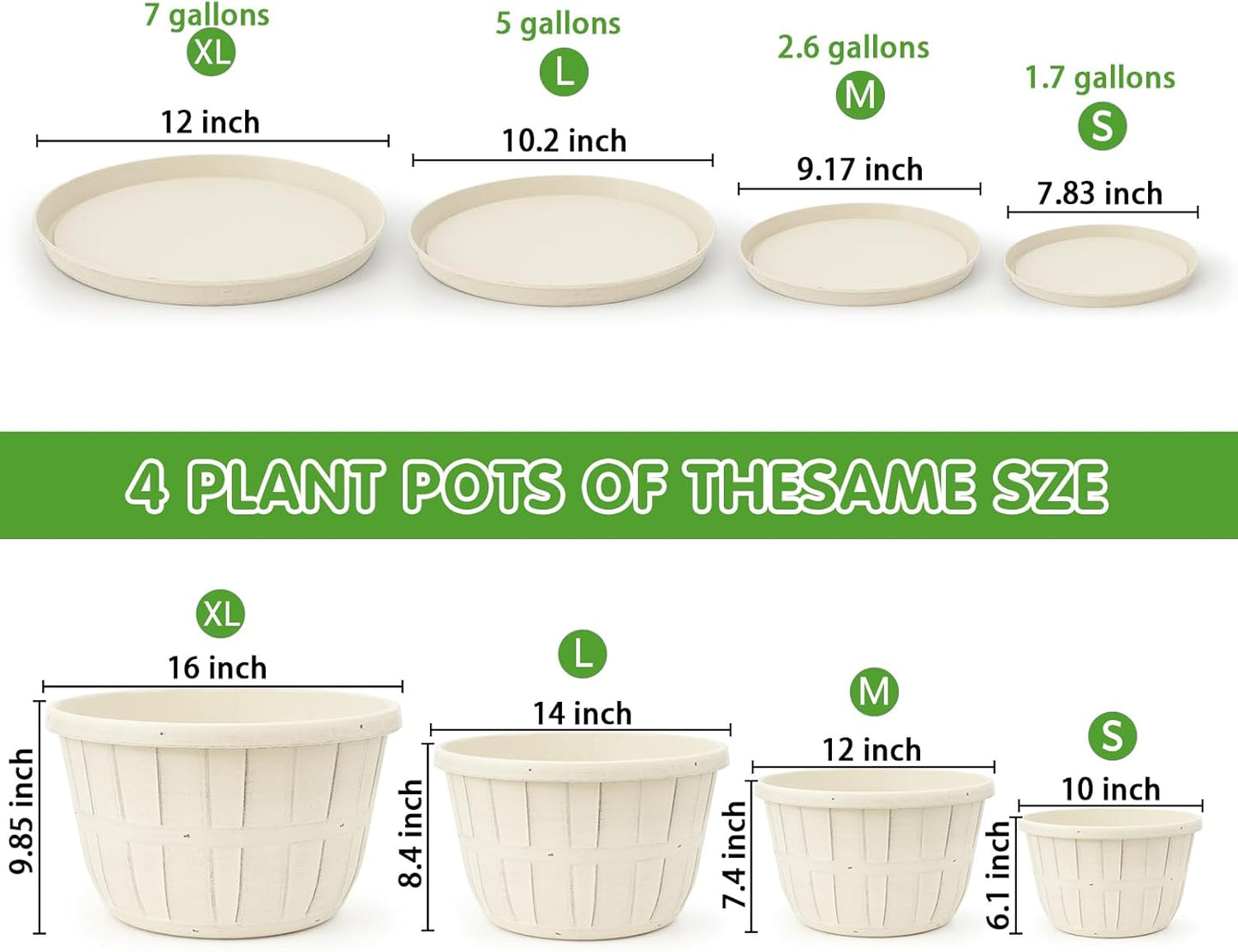 Quarut 14 Inch Plastic-Flower-Pot-for-Indoor-Plants, 4 Pack Large Outdoor Planter Pot with Drainage Holes & Saucers, Resin Decorative Garden Pots Planters（White）