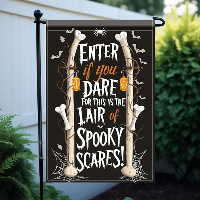 Saoplasa Halloween Garden Flag Enter lf You Dare Spooky Bones 12x18 Inch Double Sided OutdoorYard Banner for Haunted House Trick or Treat Skeleton Bone Spider Web Halloween DecorationDecor