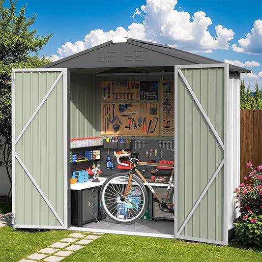 Greesum 6x4FT Outdoor Storage Shed, Metal Storaged Sheds with Lockable Doors, Sheds & Outdoor Storage for Bike, Backyard, Pool and Garden, White