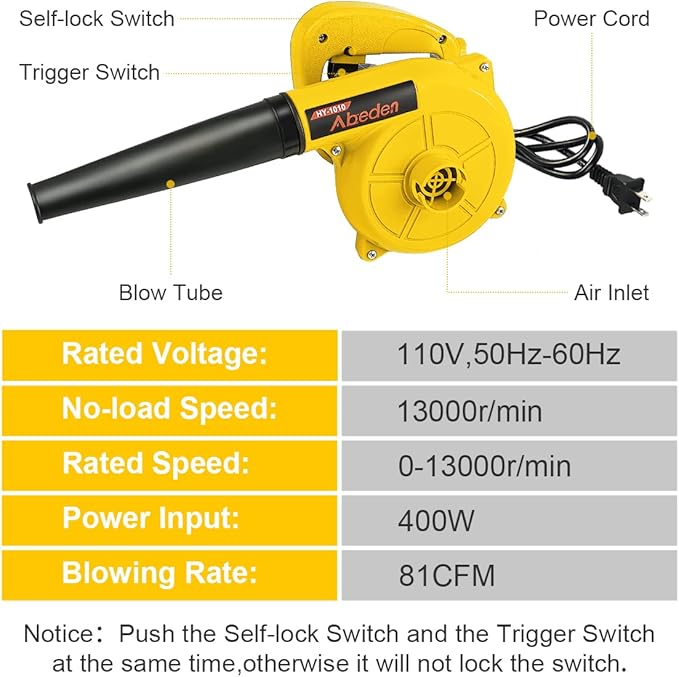 Corded Electric Leaf Blower,2 in 1 Small Handheld Lightweight Sweeper/Vacuum,110V 400W Portbale Blower for Leaf/Snow/Dust Blowing (Yellow)