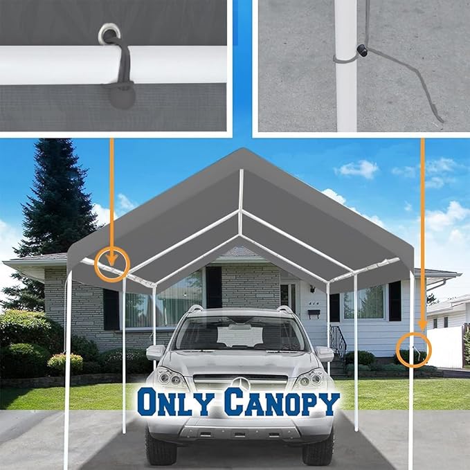 Rutile 12 x 20 FT Carport Replacement Cover, Heavy Duty Car Tarp Canopy Tent Replacement Top w/Ball Bungees Gray (Only Top Cover, Frame is not Included)
