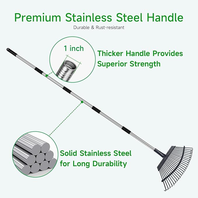 Rake for Leaves Heavy Duty 72 Inch Long Expandable Leaf Rake, 18 Inch Wide Garden Rakes with 25 Reinforced Tines and Stainless Steel Handle for Lawn, Yard, Leaf Cleanup