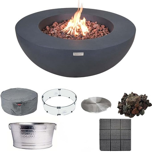 Elementi Lunar Bowl Dark Grey Fire Pit Bundle Outdoor Firepit Set Includes 42” Natural Gas Concrete Firepit, Glass Windscreen, Stainless Steel Cover, Canvas Cover, Floor Mat and Beverage Tub