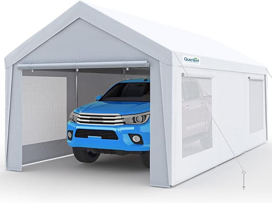 Quictent 12x20 ft Heavy Duty Carport Canopy Galvanized Car Tent Outdoor Garage Boat Shelter with Reinforced Structure with Roll-up Ventilated Windows Sidewall - White