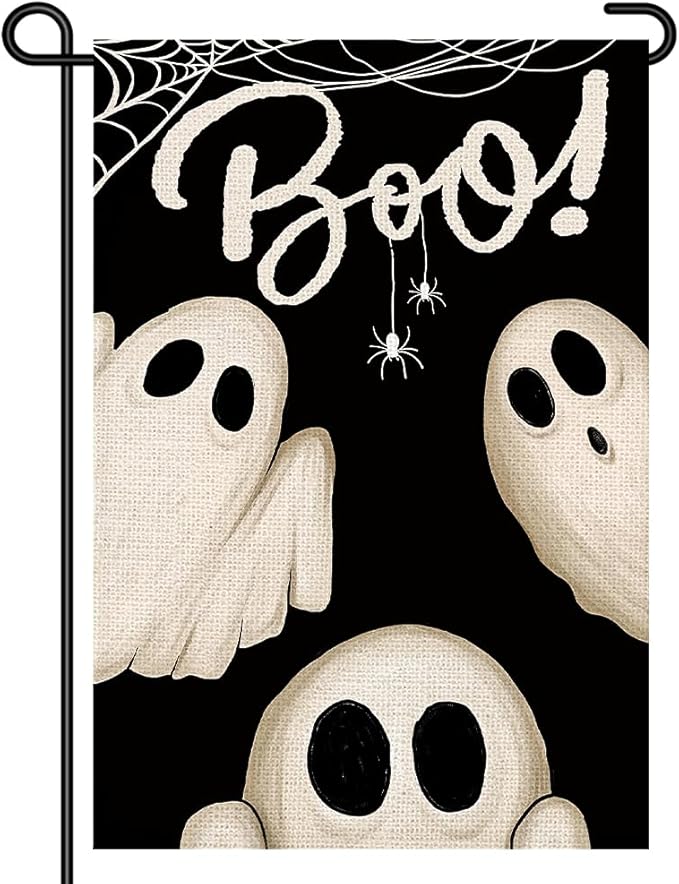 Spooky Ghost Boo Garden Flags for Outside 12x18 Inch Double Sided Burlap, Welcome Sign Halloween Small Flag Banner Farmhouse Holiday Yard Lawn Outdoor Decorations DF878