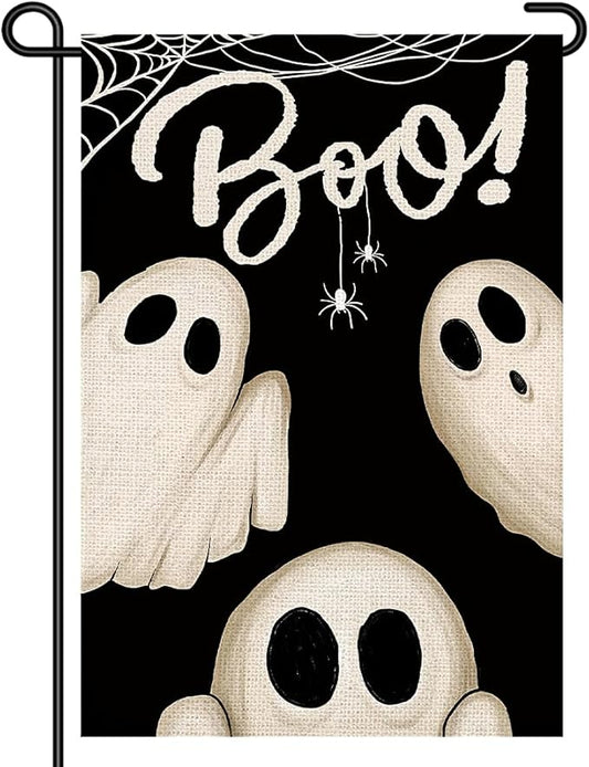 Spooky Ghost Boo Garden Flags for Outside 12x18 Inch Double Sided Burlap, Welcome Sign Halloween Small Flag Banner Farmhouse Holiday Yard Lawn Outdoor Decorations DF878
