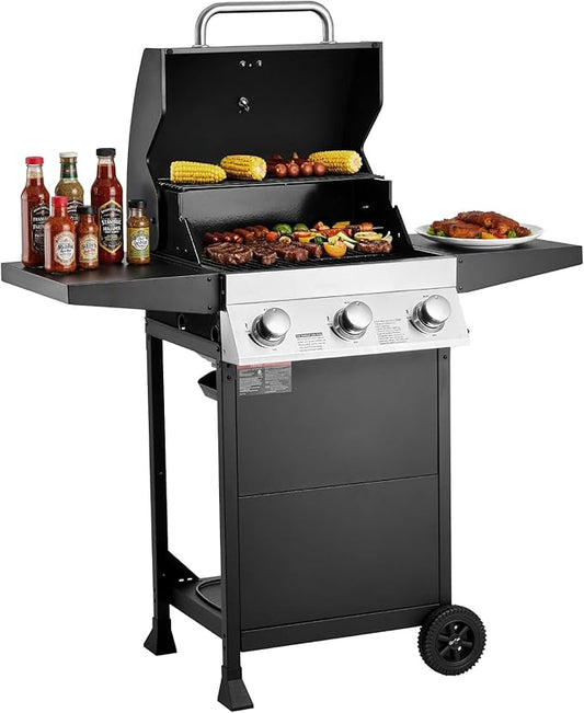 VEVOR Gas Grill, 3 Burner Propane Gas Grill with Spacious 338 SQ.In Grilling Area, Carbon Steel Enamel Grates, Outdoor 36,000 BTU Patio Garden BBQ Grills with Foldable Side Shelves, Carbon Steel