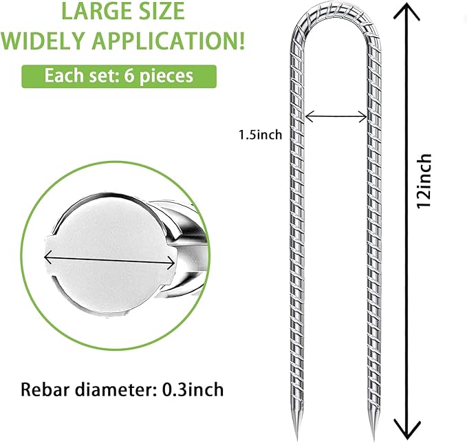 Rebar-Stakes-12-Inch-U-Shaped, Trampoline Stakes High Wind Ground Stakes Heavy Duty Galvanized Anti-Rust Metal Stakes Ground Anchors for Garden Dog Fence Chicken Coop Water Pipe 6pcs