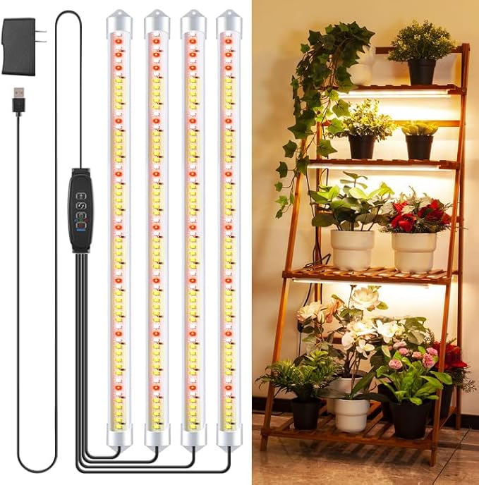 4 Bars 16" Grow Lights for Indoor Plants, 240 LEDs Full Spectrum Plant Grow Light Strips with Auto ON/Off Timer 3/9/12Hrs, 10 Brightness, 3 Switch Modes Sunlike Growing Lamps for Hydroponics Succulent