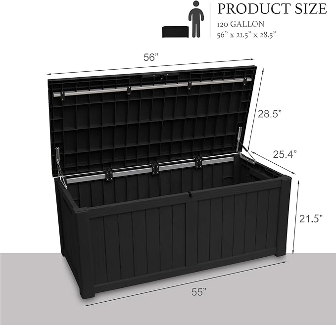 AJP Distributors 120 Gallon Outdoor Storage Box, Rain Waterproof Resin Deck Box, Lockable Large Storage Container for Patio Furniture, Cushions, Garden Tools, Sports Equipment and Pool Supplies Black