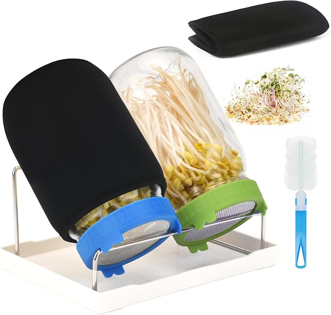Lulonpon Sprouting Kit, 2 Sprouting Jar Kits, Wide Mouth Quart Mason Jars with Stainless Steel Screen Sprout Lids,1000ml Sprouts Growing Kit, Seed Sprouter Set for Growing Broccoli, Bean, Alfalfa ﻿