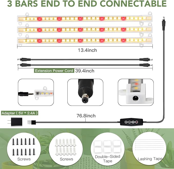 GYTF LED Grow Light Strips, 3500K 90-Bulb Full Spectrum Dimmable Plant Growing Lamp Bars with Auto ON/Off Timer for Indoor Plants Succulents Seeds Starting Hydroponics, Extendable Design