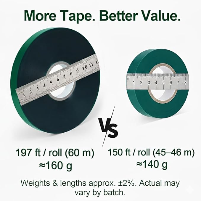 2 Rolls Plant Tie Tape, 0.5 in × 197 ft Each (394 ft Total) – Soft Stretch PVC Garden Ties, Reusable Non-Adhesive, with Binder Clip & Mesh Storage Bag for Tomato, Vine, Flower & Tree Suppor