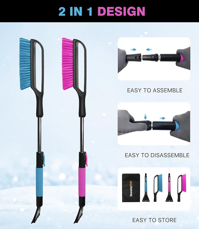 YeewayVeh 35 inch Snow Brush and Ice Scraper, 2 Pack Extendable Car Snow Scraper and Brush with Soft Grip & Additional Handhold, Scratch-Free Windshield Scraper for Ice and Snow, Magenta & Lake Blue