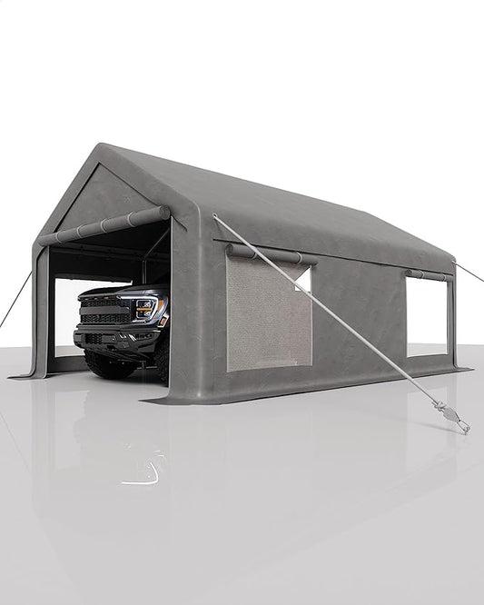 10X20Ft Waterproof Carport Canopy with Roll-Up Mesh Windows & Double Zipper Doors, 180g PE Tarp Cover for Cars, Trucks, SUVs, RVs, Boats & Outdoor Equipment Storage, Grey