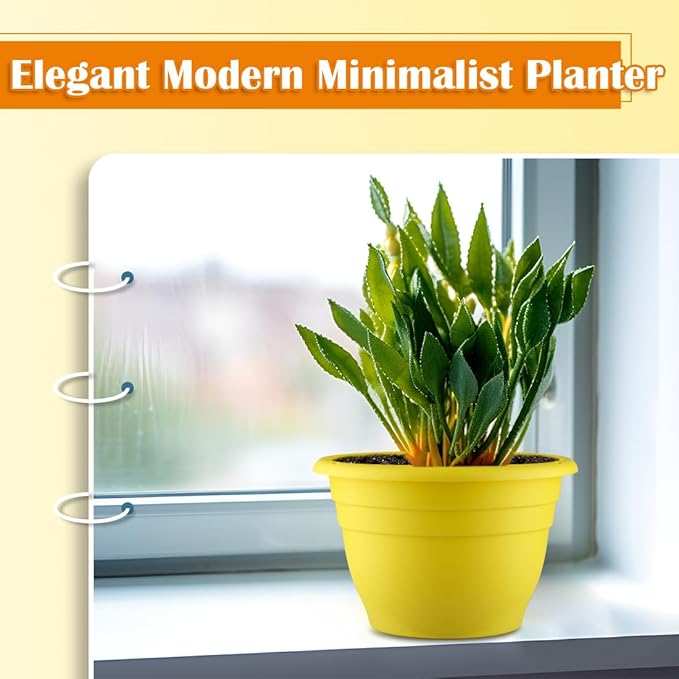 3 Pack 11 Inch Plant Pots with Drainage Hole and Plug, Durable Plastic Flower Pots for Indoor & Outdoor Plants, Elegant Mordern Plant Pots Perfect for Herbs, Flowers & Succulents, Yellow