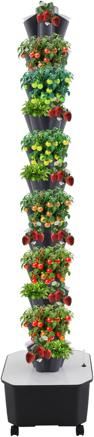 Hydroponic Growing Tower, 12 Layer 60 Pods Hydroponic Grow Towers Kit with Water Pump and Movable Water Tank, Plant Germination Kit with 4 Wheels, for Vegetable, Strawberries, Lettuce