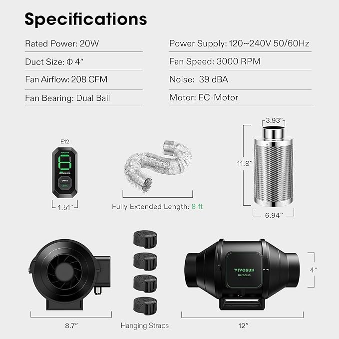 VIVOSUN Smart Air Filtration S4 Kit 4", AeroZesh S4 Inline Duct Fan with E12 Speed Controller, Carbon Filter & 8' Ducting, Cooling & Ventilation System for Grow Tents, Indoor Gardening, Hydroponics