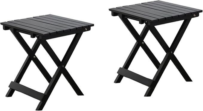 2 Pcs Small Folding Patio Side Table Outdoor Wood Wooden Small End Portable Plant Little Table for Garden Yard Porch Living Room Space Pool 15.4x15.4 x18.3 inch (Black)