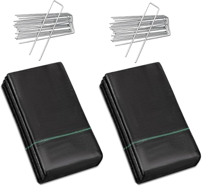 24 Garden Stakes + 3ftx100ft Weed Barrier Landscape Fabric Heavy Duty, Weed Gardening Ground Cover Mat, Weed Control Garden Cloth, Woven Geotextile Fabric for Underlayment Commercial Driveway Fabric