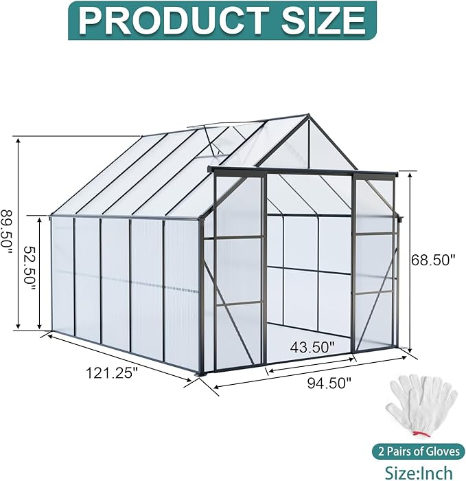 KEIKI 8x10 FT Double Door Polycarbonate Greenhouse with Aluminum Frame,Raised Base and Roof Vent,Walk-in Greenhouses for Patio Garden