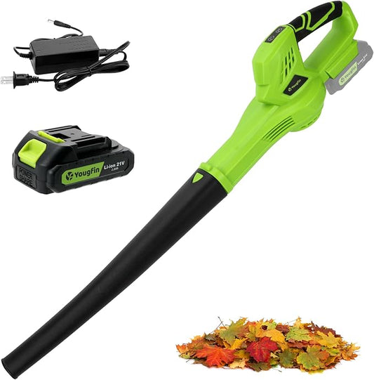 YOUGFIN Leaf Blower Cordless with Battery and Charger, 160CFM Battery Powered Electric Blowers for Lawn Care, 6 Speed Mode Small Rechargeable Leaf Blower Lightweight for Seniors (21V)