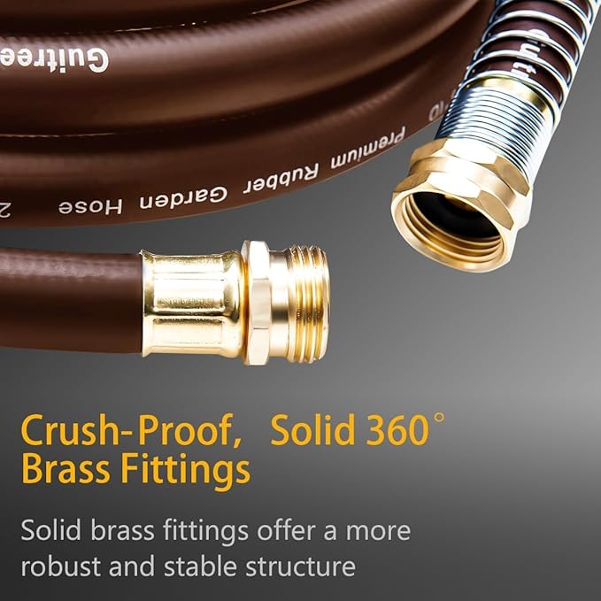 Garden Hose 50FT x 5/8", Heavy Duty Rubber Hose, Water Hose with Five Layered Braiding, Male to Female Fittings, 1000PSI Burst, 300PSI Working (Brown)