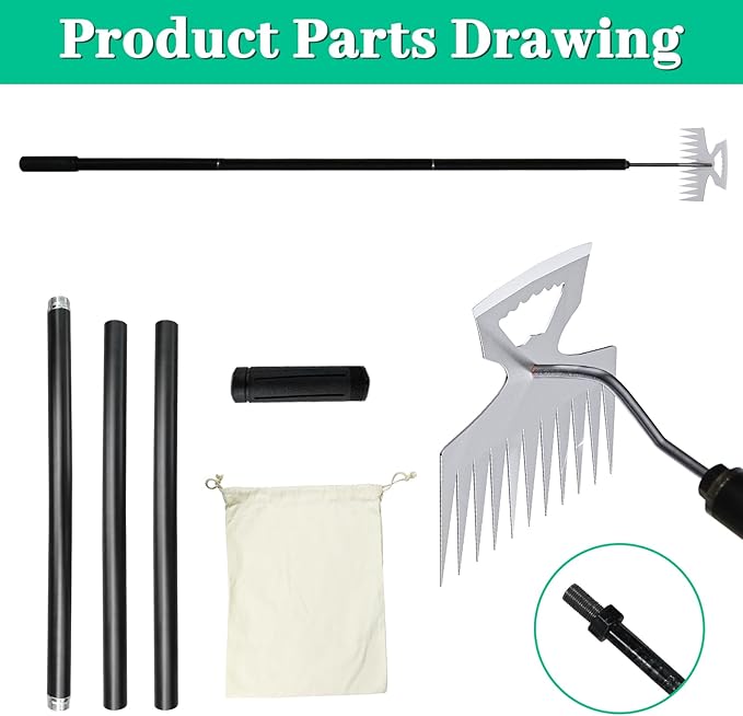 2-in-1 Weed Puller Rake Hand Weeder Garden Tools,New 11 Teeth Uprooting Weeding Tool with Adjustable Long Handle,Manganese Steel Weed Remover Tool for Garden,Lawn Weeding and Loosening Soil（Black）