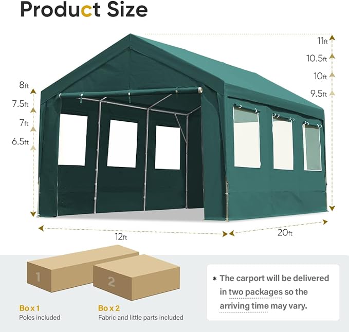 ADVANCE OUTDOOR 12x20 ft Car Canopy Garage Heavy Duty Carport Boat Shelter Party Tent, Adjustable Peak Height from 9.5ft to 11ft, with Removable Window Sidewalls and Doors, Green