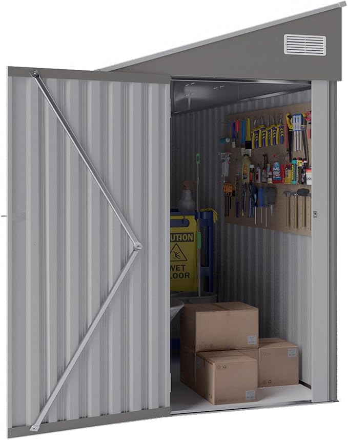 4×8 FT Outdoor Metal Storage Shed,Heavy-Duty Lean to Storage Shed with Lockable Single Side Hinge Door,Waterproof Metal Storage Tool House W/Sloping Roof,Air Vent&Protect Film,for Backyard,Gray