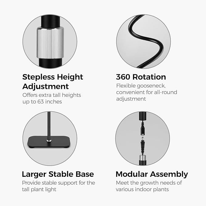 Plant Grow Lights for Indoor,20W Large Round Full Spectrum Warm Light with Gooseneck,63in Tall Stand Floor Growing Lamp, Auto Timer,10 Dimmable Levels for Tall Small Plants Flower Growth