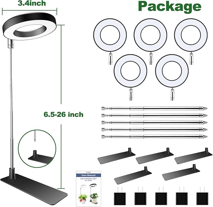 Grow Lights for Indoor Plants, Full Spectrum Plant Lights for Indoor Growing, Height Adjustable Halo Grow Light with Base, 3 Optional Spectrums, Auto Timer 3/9/12Hrs, 10 Brightness, 5 Pack