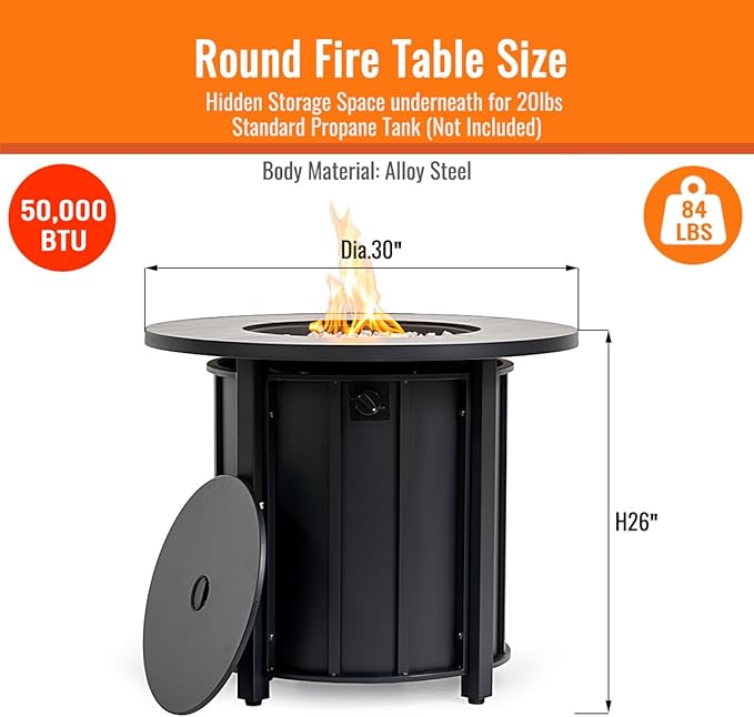 30'' Concrete Round Gas Fire Pit, 50,000 BTU Steel Outdoor Fire Tables, Fire Table with Lid, Add Warmth & Ambience to Gatherings and Parties On Patio Deck Garden Backyard，White Glass Stone.