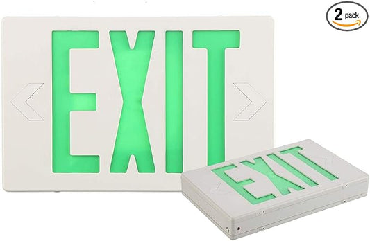 SPECTSUN 2-Packs Emergency Exit Sign - Dual-Directional Green LED Lights with 90-Min Battery Backup, UL Listed AC 120/277V Hardwired for Fire Safety Compliance (Adjustable Heads, Wall/Ceiling Mount).