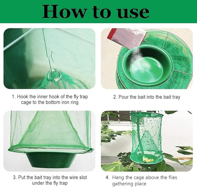 Ranch Fly Trap Outdoor Hanging | Reusable Fly Trap | Food Bait Flay Catcher Cage for Indoor or Outdoor Family Farms, Park (3 Pack)