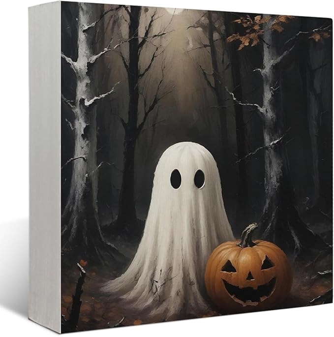 Mtrgdn Halloween Decor,Halloween Decorations Indoor,Spooky Ghost Pumpkin Desk Decor Wooden Box Sign,Halloween Home Office Kitchen Bathroom Bedroom Coffee Table Shelf Wall Decorations,5x5 In