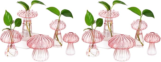 Hewory Mushroom Jars for Plants, 10pcs Pink Glass Mushroom Bud Vase for Flowers, Unique Plant Propagation Stations Propagating Vases Decor, Mini Cute Hydroponic Terrarium Planter for Indoor Planters