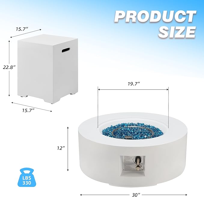 ECOTOUGE 2-Piece Gas Fire Pit, Outdoor Propane Firepit Table Set w/Tank Cover, 30''Auto-Ignition Round Steel Fire Table, 50,000 BTU Concrete fire Pit w/Weather-Resistant Pit Cover, Lava Rocks, White