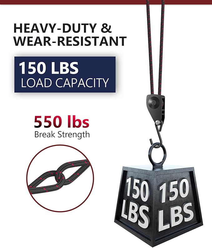 VIPARSPECTRA Ratchet Tie Down Straps, 1/4" Adjustable Rope Hangers [4 Pack, 12FT, 150 lbs/Pack], Heavy Duty Kayak Pulley System with Hooks for Garage Cargo Trucks Tents Grow Lights Various Lashing