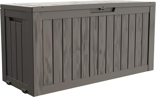 80GAL PLUS Rolling Brown Outdoor Deck Box with Lock Hole - Waterproof, SGS - Certified UV Protection, All - Weather Resin, Mobile Storage for Poolside or Patio Use, Easy Assembly