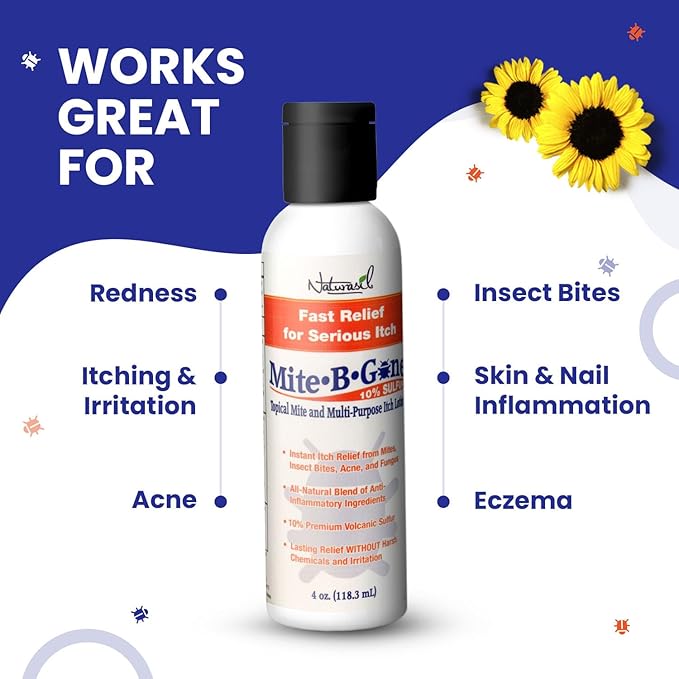 All-Natural Itch Relief by Mite-B-Gone - Sulfur Lotion Treatment for Acne, Bug Bites, Skin Redness & Itching, Discomfort & Rosacea | Safe for Kids and Adults| Fast & Effective for All Skin Types| 4 oz
