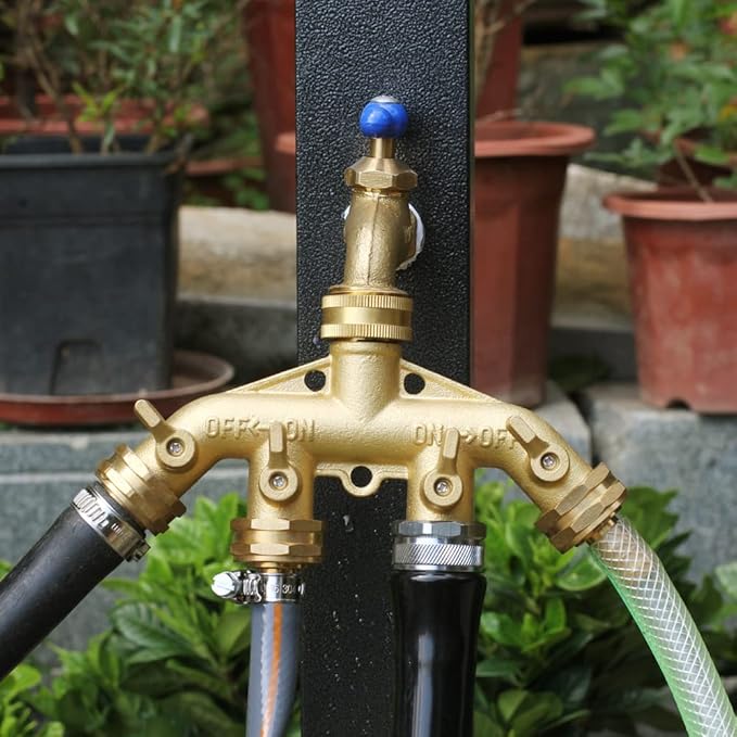 Garden Hose Splitter Heavy Duty Brass Connector, Garden Faucet Splitter for Outdoor Faucet Hose Bib Splitter, Adapter with Comfortable Grip Shut Off Valves (4 Way splitter)