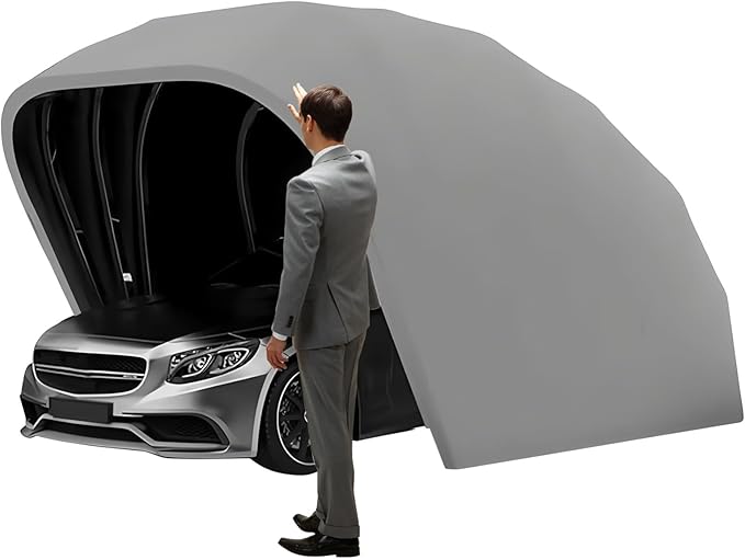 Stainless Steel Grey Carport, Heavy Duty Retractable Car Awning, Foldable Semi-Automatic Durable Shelter, Windproof and Snow-Proof, 600D Heavyweight Oxford Cloth, for Outdoor