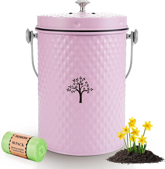 AOSION Countertop Compost Bin Kitchen，Odorless Indoor Compost Bin with Lid and Compost Bags,Compost Bucket Composter Container for Food Waste,Pink