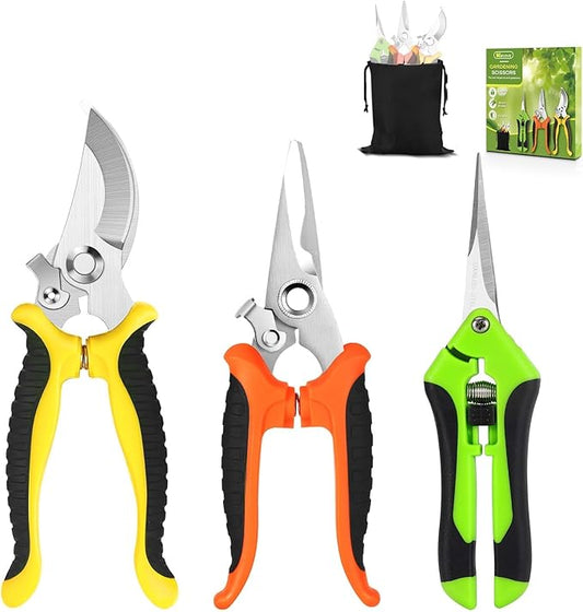 3 Pack Garden Pruning Shears, Stainless Steel Gardening Scissors Set with Storage Bag - Sharp Handheld Pruners for Plants, Flowers, Branches - Ergonomic Garden Clippers & Tools