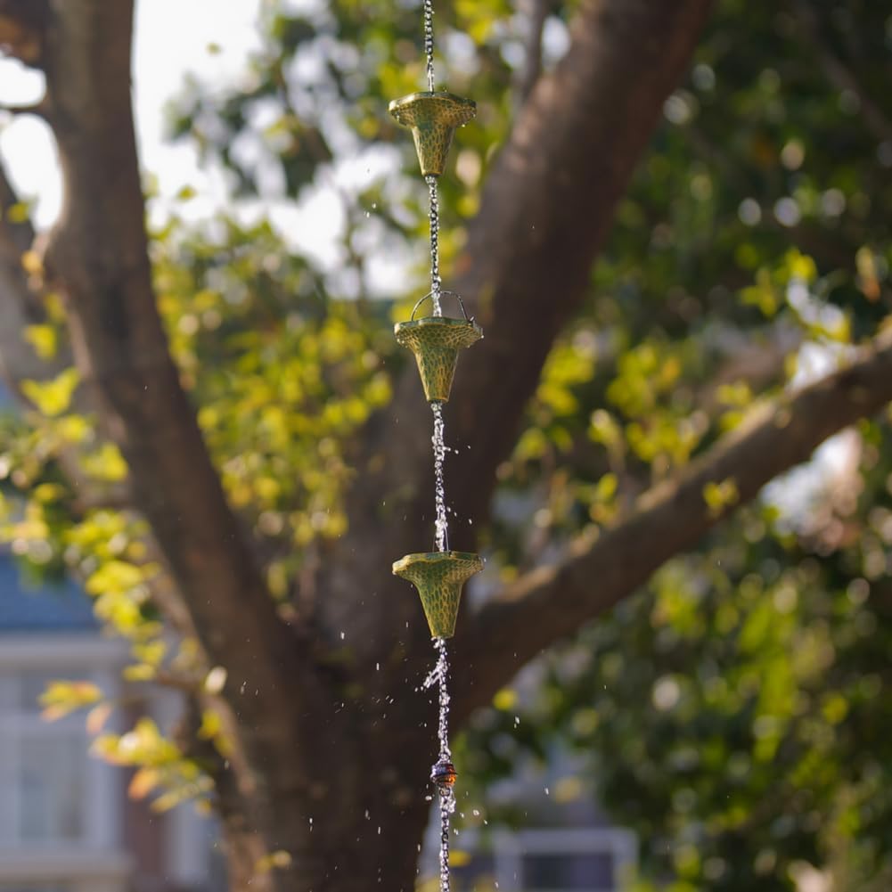 9.7ft Rain Chain, Rain Chain for Outside with 10 Funnel Shaped Cups Adjustable Metal Chain Rain Catcher Chain for Gutters, Eaves, Drains, Replacement Downspouts (Green)