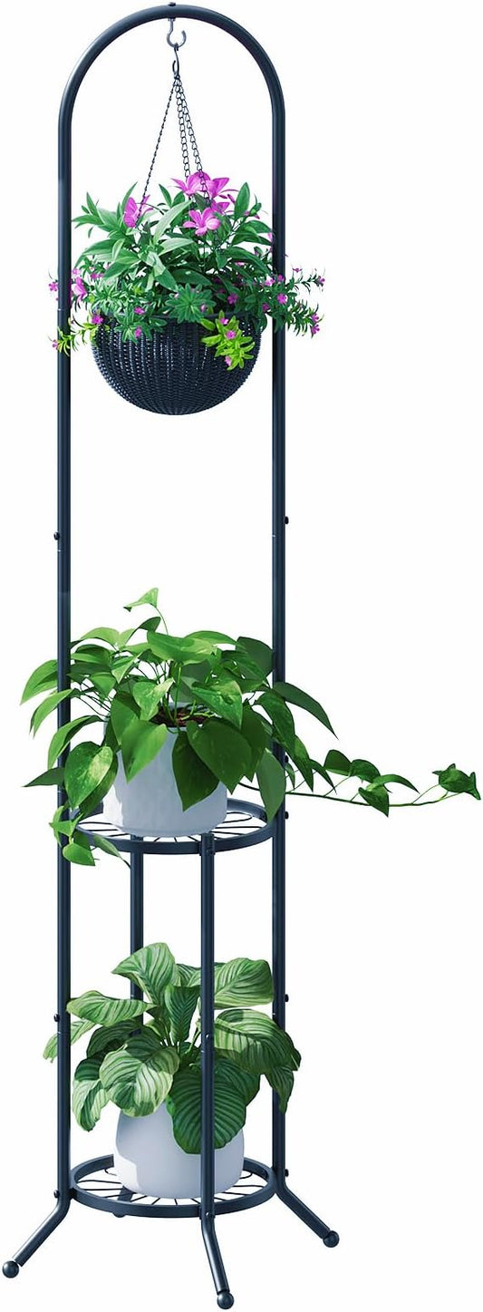 2-tier Hanging Plant Stand Plant Hanger Indoor Outdoor Corner Plant Stands for Indoor Plants, Space-Saving Iron Planter Shelves, Multiple Flower Pot Display Holder Shelf with Hanging Hook, Indoor Outdoor Heavy Duty Planter Shelving Unit (n-style,Black)