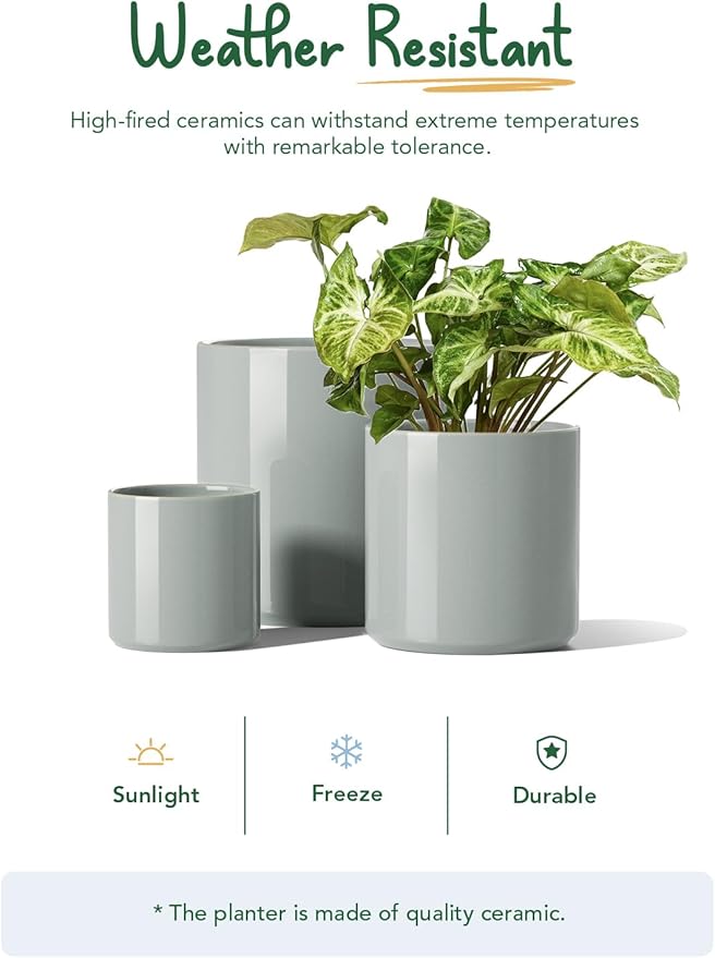LE TAUCI Ceramic Plant Pots Indoor, 10+8+6 Inch Planters for Indoor Plants, Mid-Century Modern Flower Pots with Drainage Hole and Plug, Cylinder Round Planters, Set of 3, Blue Gray